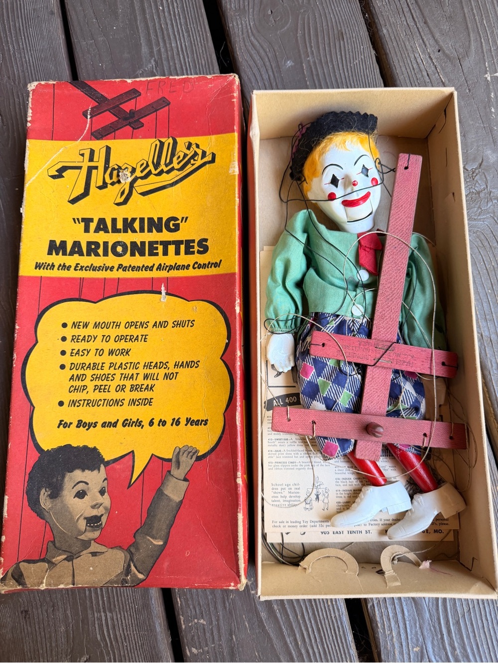 Hazelle’s Talking Marionette Clown Puppet Antique